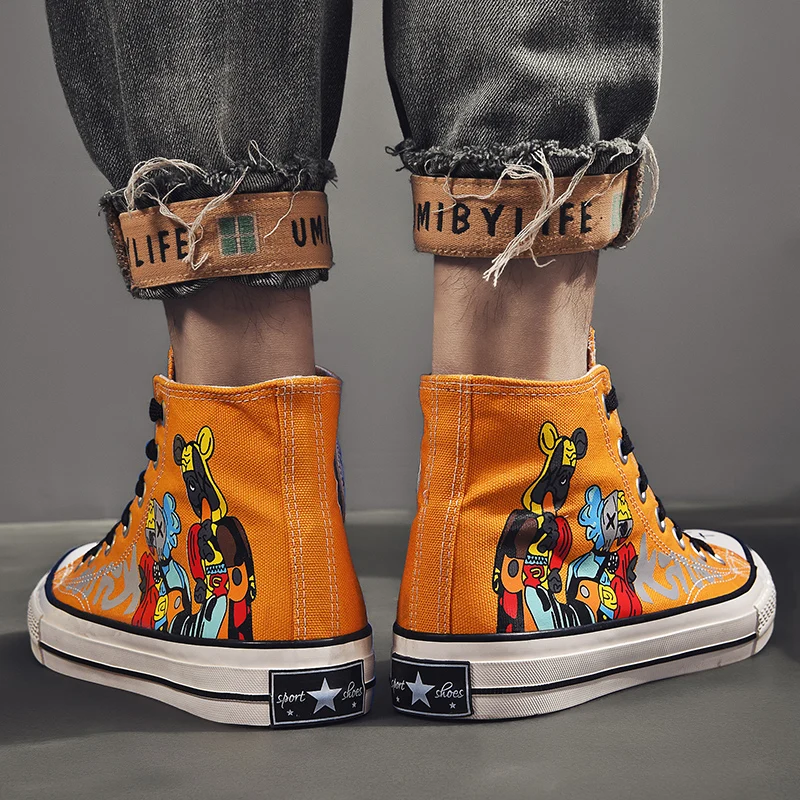 Haoshen& Girl/высокая модная уличная женская обувь; вулканизированные кроссовки; Повседневная парусиновая обувь на плоской подошве с рисунком граффити для влюбленных