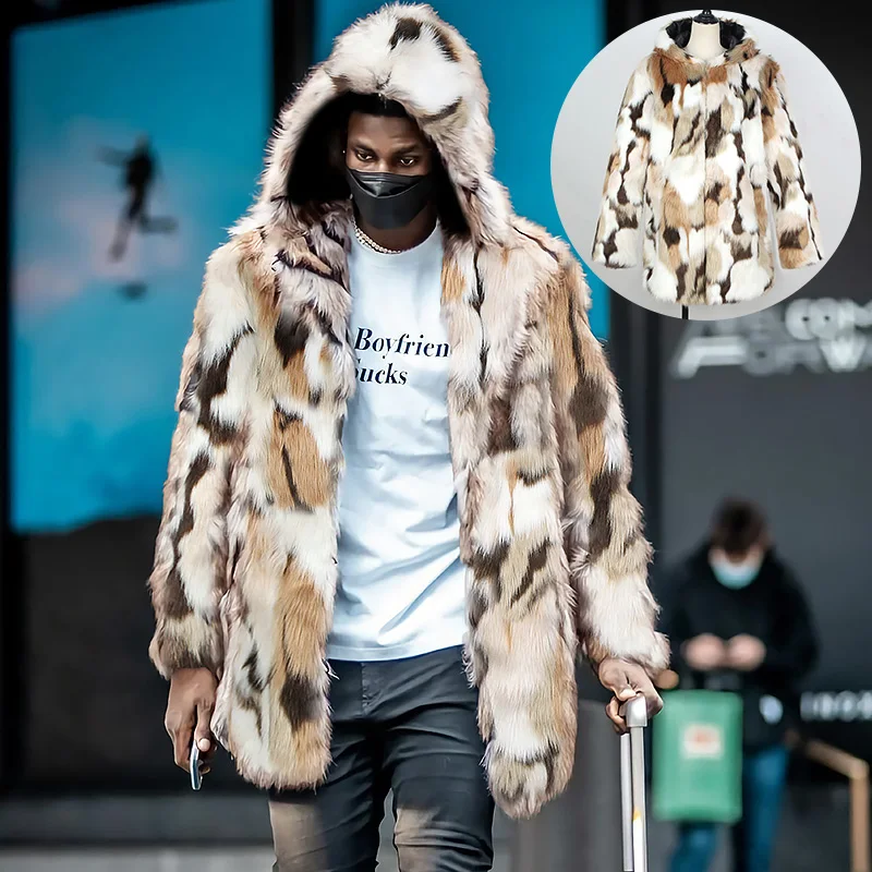 2021 New Men'S Thick Faux Fur Long Coat Mixed Color Leopard Print Autumn Winter Warm Collar Hooded Jacket Fluffy Coats |