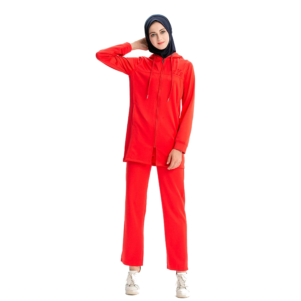 Red Скромные 2 шт./компл. брюки для бега из костюм Спортивная одежда для роковой мусульманское длинное Для женщин костюмы хиджаб Для женщин Исламская мусульманка из кофти и штанов - Цвет: Red