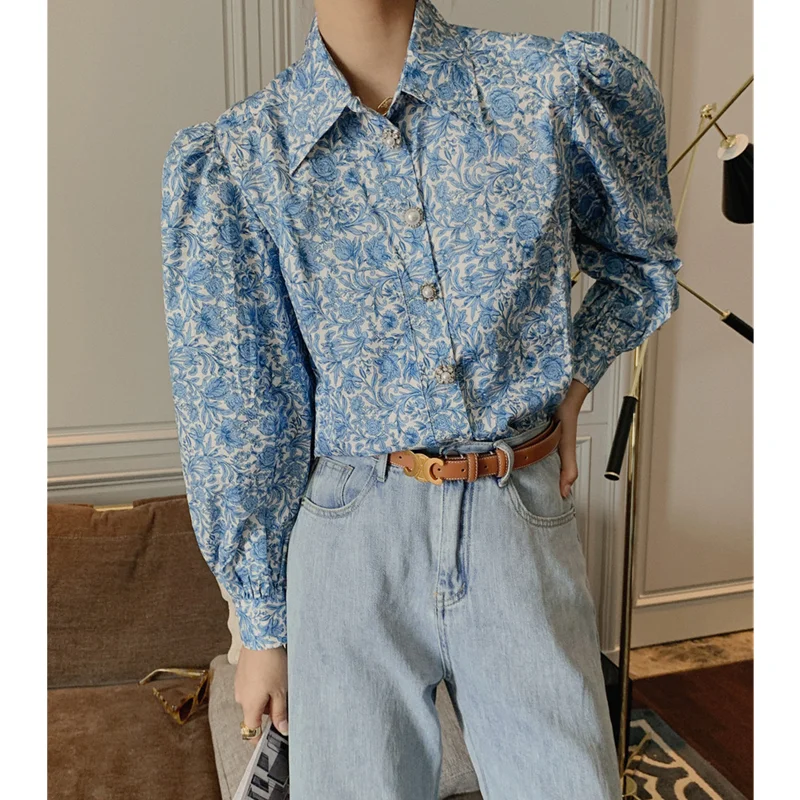 Lamtrip Vintage Puff Sleeve Top Court Long Blouse Women Button Down Shirt Blue Floral Print Ladies | Женская одежда