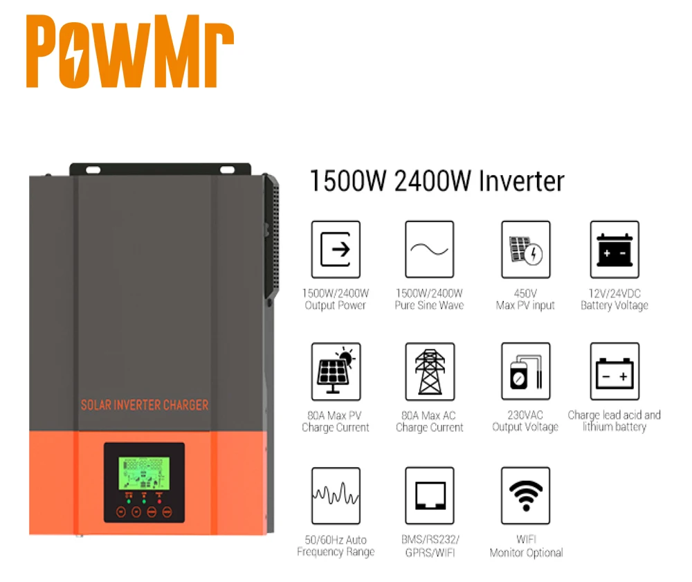 PowMr 1500W 2400W Hybrid Solar Inverter mit MPPT Controller 80A DC 12V/24V  Mit WIFI photovoltaik Wechselrichter Reine Sinus Welle AC - AliExpress