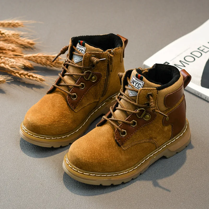 

2019 Autumn Winter Warm Children Snow Boots PU Leather Waterproof Boys Motorcycle Boots Kids Student Rubber Non-Slip Shoes