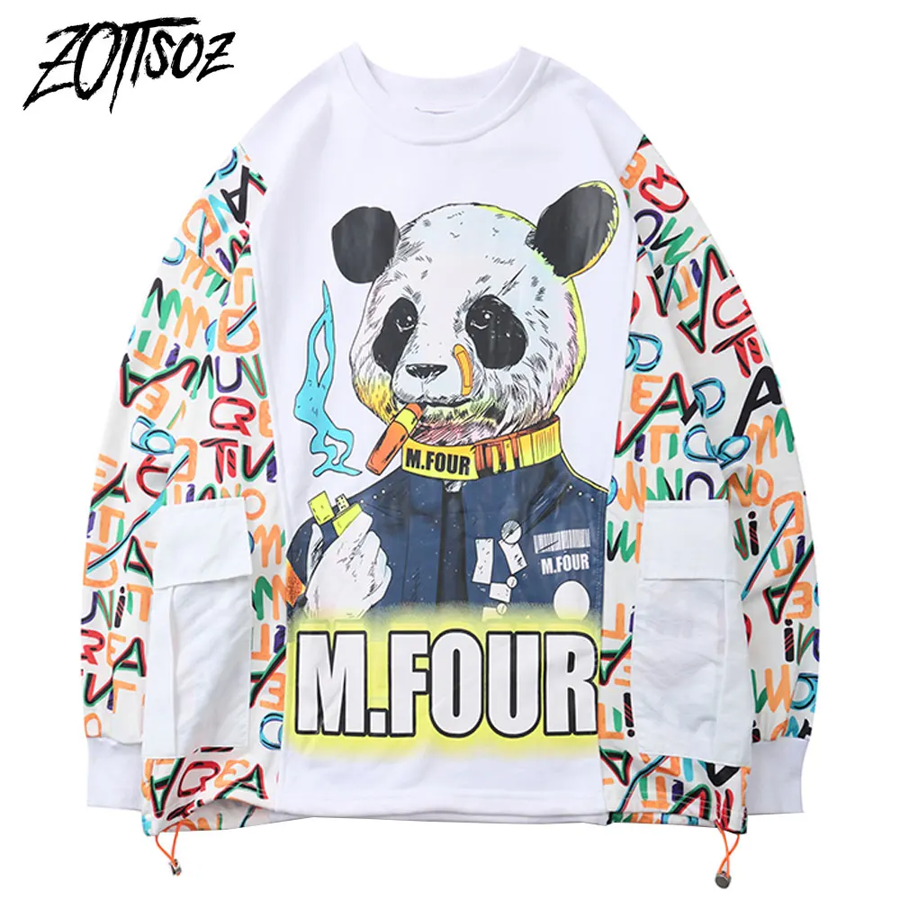 

Side Pockets Color Block Patchwork Hoodies Streetwear Hip Hop Smoking Panda Punk Rock Rapper Sweatshirts Fashion Casual Outwear