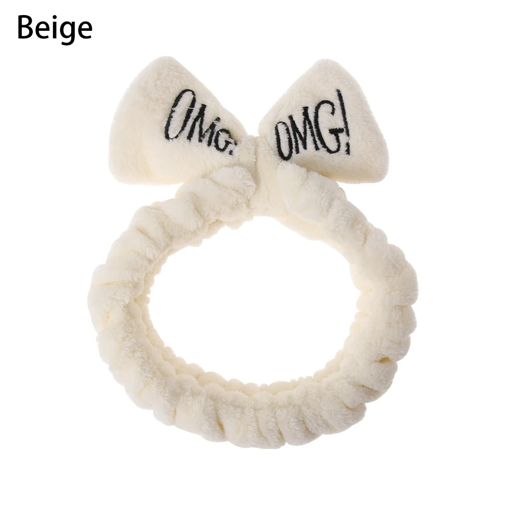 beige 1 шт., мягкая удобная женская повязка для волос из кораллового флиса с бантиком и буквами OMG, Красивая повязка для мытья лица, для макияжа, для спа-ванны, аксессуары для волос - Цвет: beige