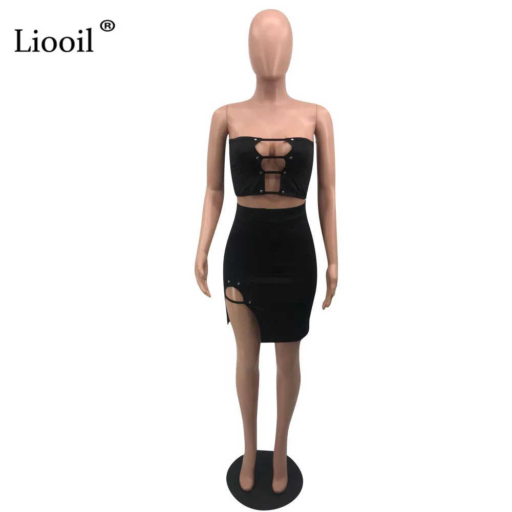 Liooil из двух частей сексуальный без бретелек разрез Bodycon мини платье без рукавов выдалбливают черный бесшовная плотно прилегающая юбка платья женские вечерние ночной клуб