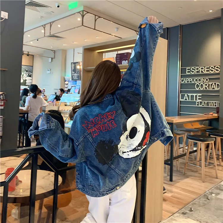 Ковбойское Свободное пальто для женщин, осенняя джинсовая женская джинсовая куртка с рисунком Микки из мультфильма, уличная Джинсовая Куртка Harajuku Boyfriend
