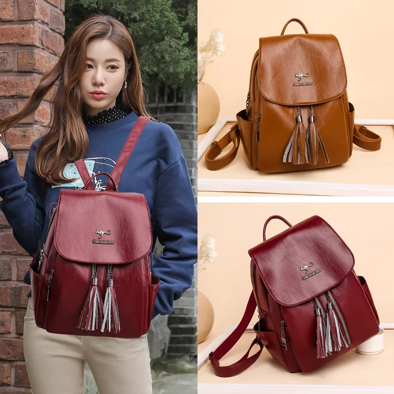 

Soft Leather Tassel Decoration Flap Backpack for Women Large Capacity Casual Travel Bagpack Teenager Waterproof School Bag Sac