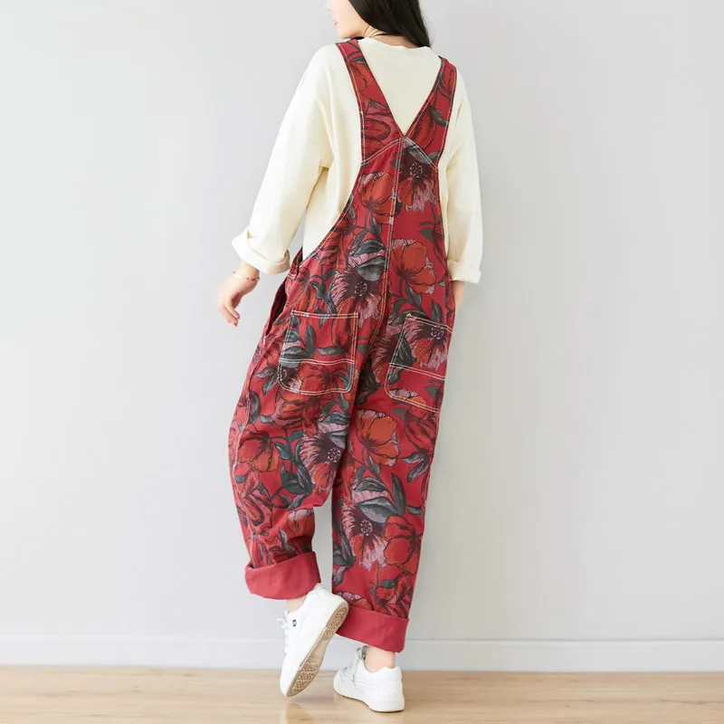 Denim Jumpsuit Women Plus Size Loose Casual Baggy Wide Leg Jeans Pants with Adjustable Straps Full Length Print Pockets Overalls
