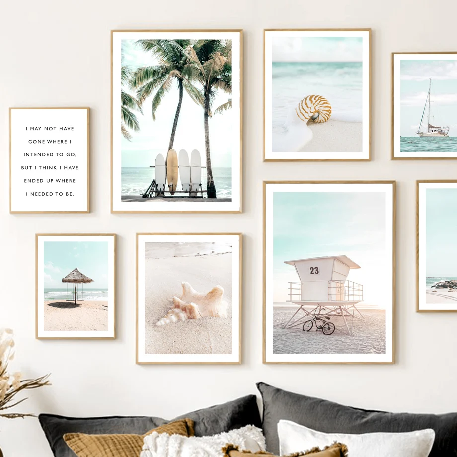 Coconut Surfboard Sailboat Conch Shell Sandy Beach Art Canvas Painting Nordic Posters And Prints Wall Pictures Living Room Decor | Дом и сад
