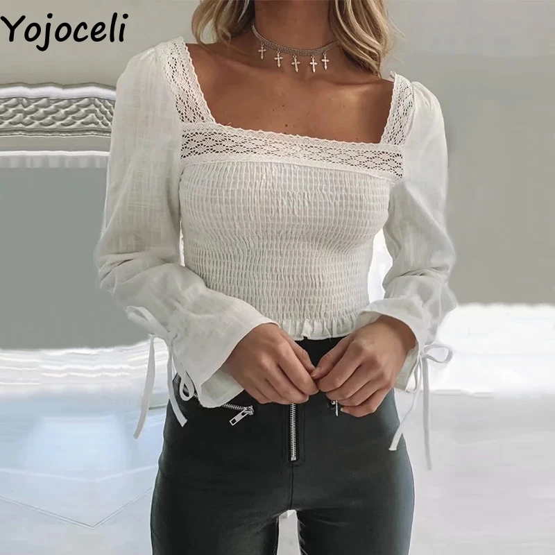 Yojoceli сексуальная белая кружевная блузка с рюшами Женская Осенняя пляжная бантом