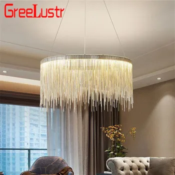 

Modern atmosphere chain Led Pendant Lights Silver Round Tassels Lamp Aluminum Chain Hanging Lamp For Living Room Hotel Lustres