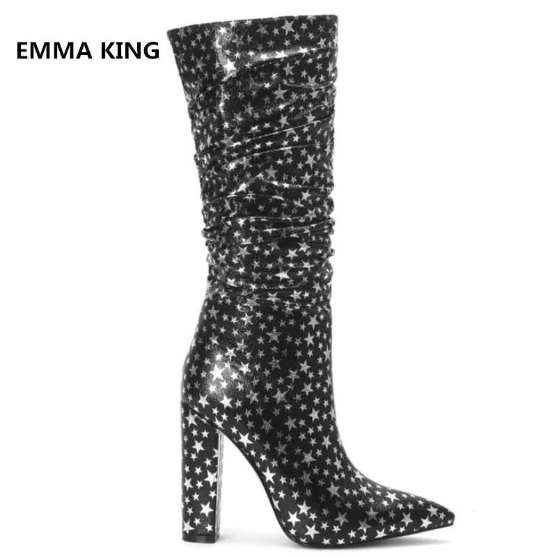 

Start Pattern Design Women Pointed Toe Knee High Boots Fashion Pleated Chunky High Heels Long Boots 2019 Side Zip Female Shoes