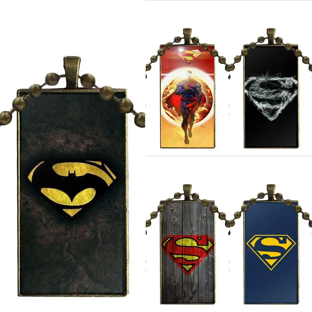For Women Kids Gift Superman Logo Wood Steel Color Glass Cabochon With Rectangle Shaped Pendant Choker Necklace | Украшения и