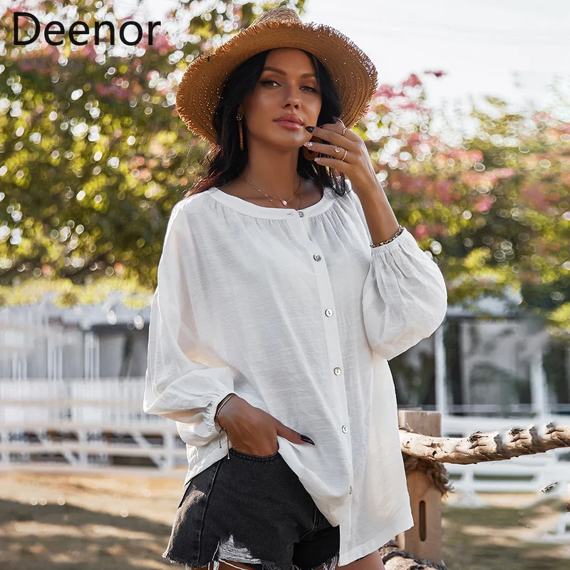 

Deenor Women Elegant White Button Casual Long Sleeve Loose Shirt Decoration Fashion Soft Casual Shirt Tops 2021 Blouse Female