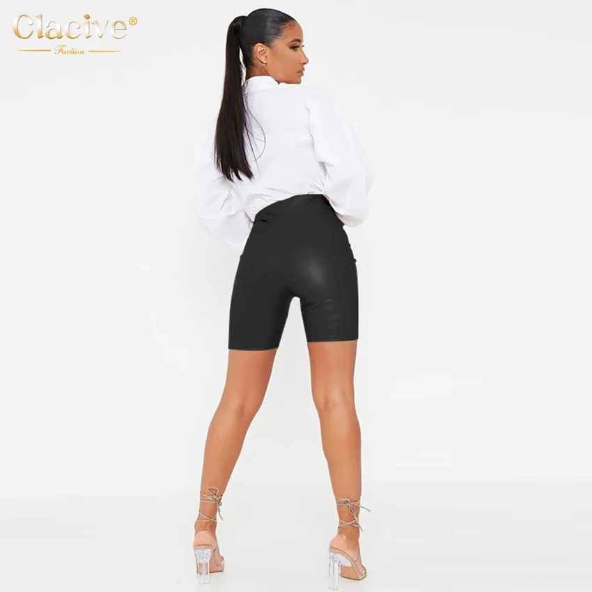 Clacive Spring Khaki Pu Leather Shorts Women 2021 Fashion Elastic High Waist Ladies Shorts Casual Slim Gym Fitness Booty Shorts
