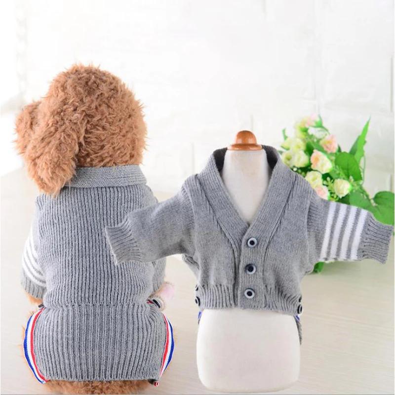 Stripe Pet Dog Cardigan Sweaters Coat With Button Autumn Winter Dogs Bat shirt Clothes British Style Cat Knitwear For Chihuahua | Дом и сад