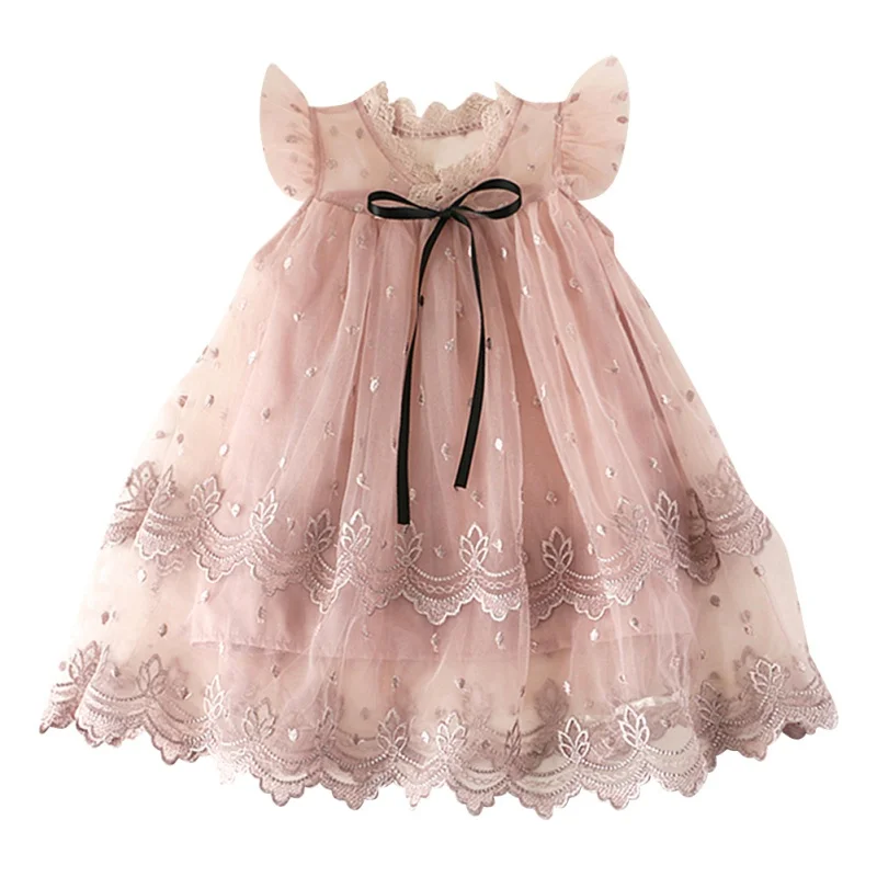 

2020 Summer Kids Girls Lace Fly Sleeves Dress Flower Decoration Birthday Gift Princess Style Ball Gown Frocks Dresses
