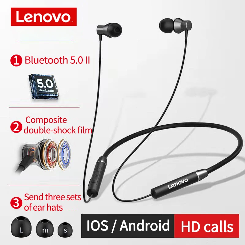 Оригинальные наушники lenovo HE05 с Bluetooth, 0,6 м, беспроводные наушники BT5.0, спортивные наушники с защитой от пота, IPX5, с микрофоном, с шумоподавлением - Цвет: Черный