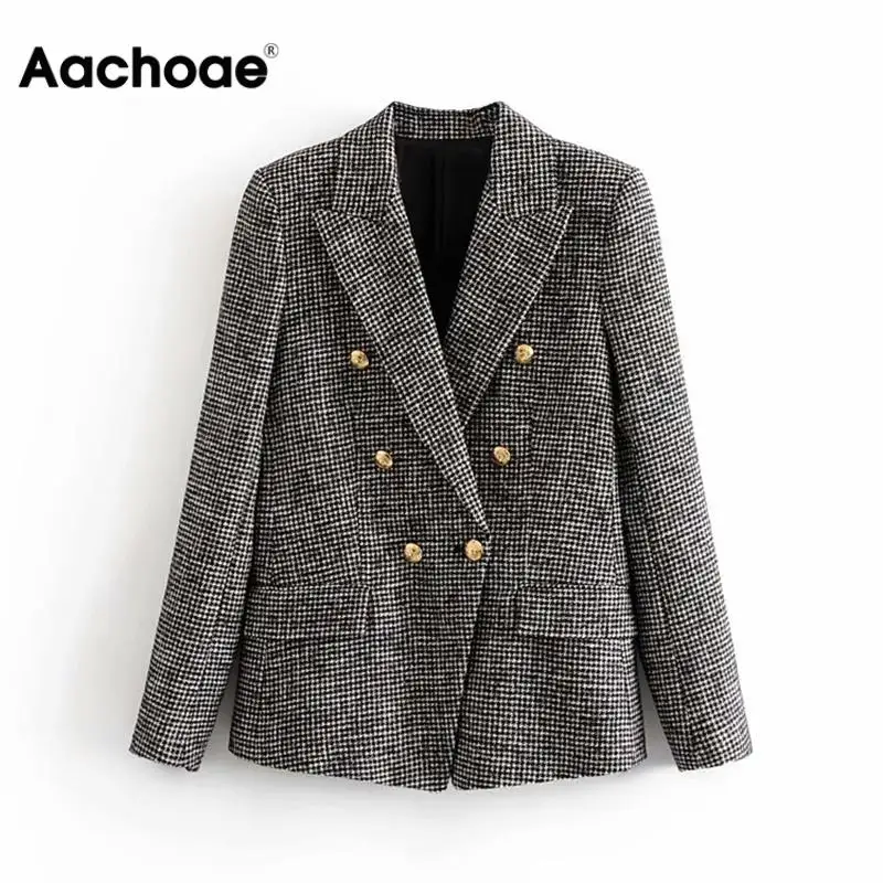 Beste Elegante Vrouwen Tweed Plaid Blazers Pakken Gekerfd Nek Houndstooth Jas Double Breasted Zakken Mode Jas Vrouwelijke Chaquetas