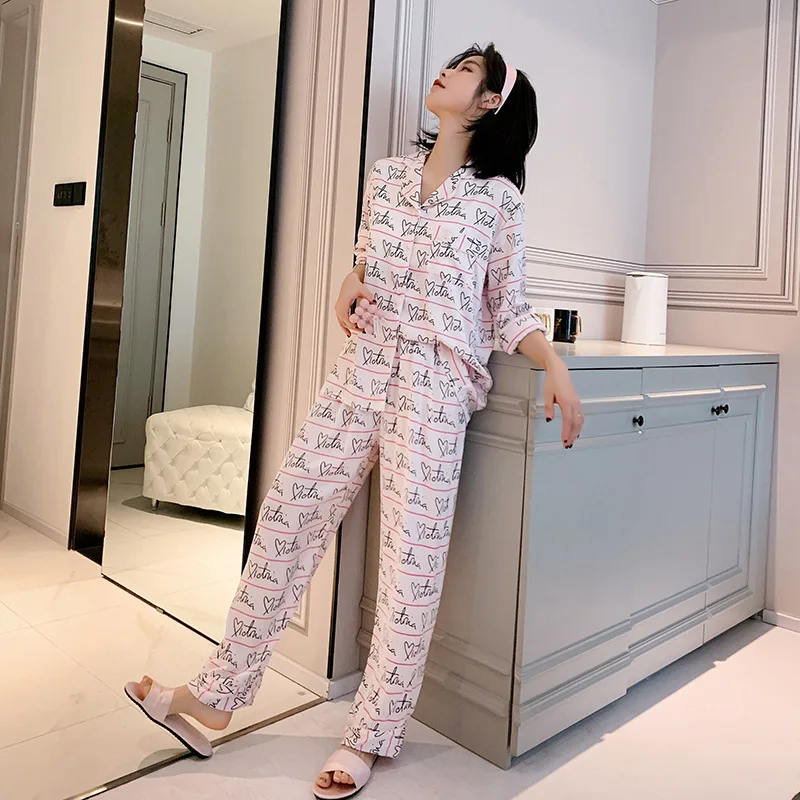 

Simulation Silk Pajamas Women Long Sleeve Two-Piece Suit Casual Silk Printing Spring And Summer New Home Service