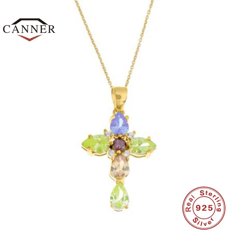 CANNER-collar de plata de ley 925 para mujer, collares con colgante de circón de colores cruzados, joyería femenina, collares de Color dorado