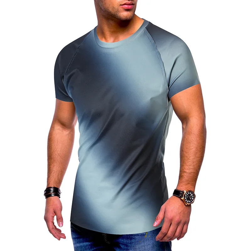 Мужская футболка с короткими рукавами, Европейский полосатый градиентный светильник, круглый вырез, реглан, рукава, футболка, одежда