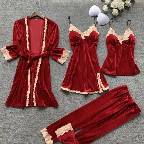 Burgundy-4pcs Осень 4 шт. женские пижамы наборы платье и халат пижамы бархатная ночная рубашка пижама ремень для сна Lounge комплект пижам с нагрудной накладкой - Цвет: Burgundy-4pcs