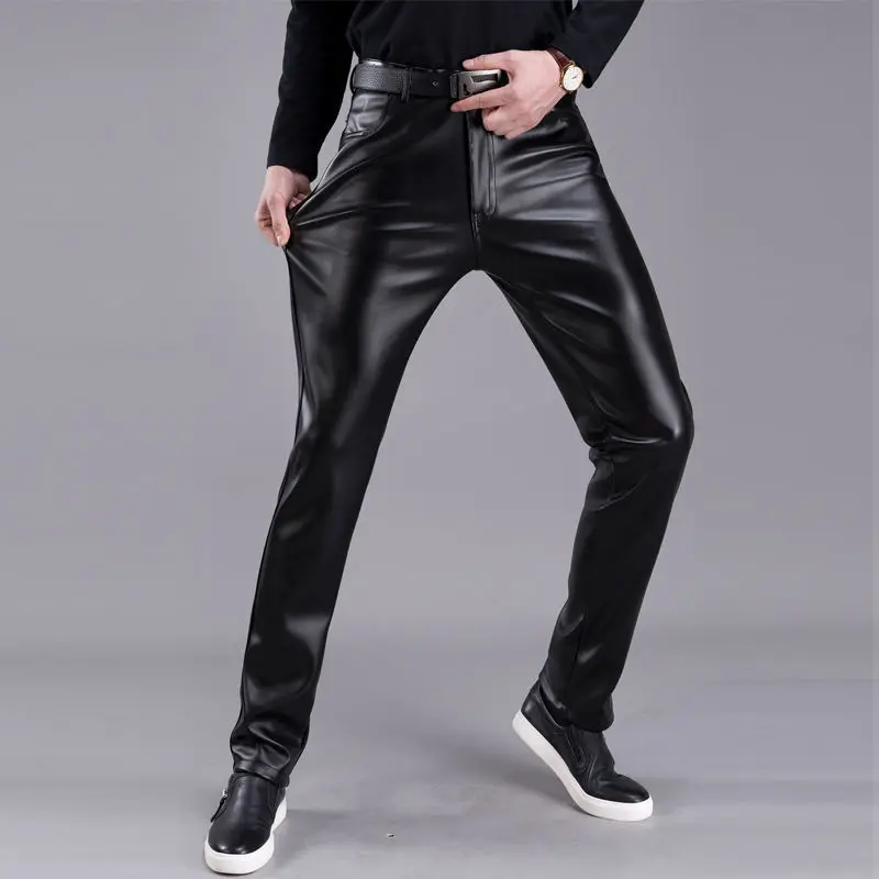 Leather Pants Mens Skinny Pants Elastic Spring Autumn Fall Fleece Thickened Youth Man Leather Motorcycle Pants Male Pencil Pants