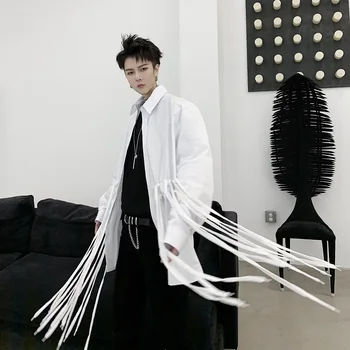 

Men spring black white tassel long sleeve shirt chemise homme nightclub DJ singer punk stage blouse mens casual shirt