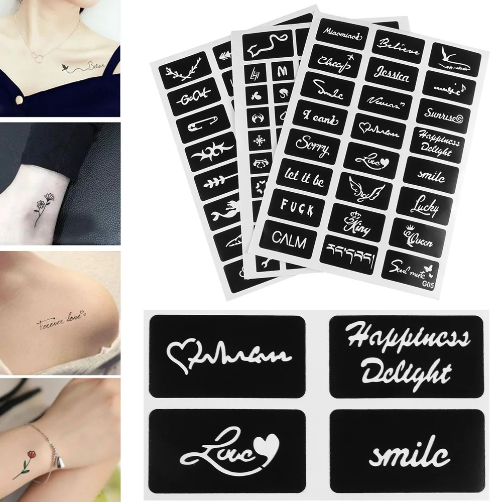 105 шт./3 листа Дырчатые трафареты для рисования мультфильмов татуировок индийская