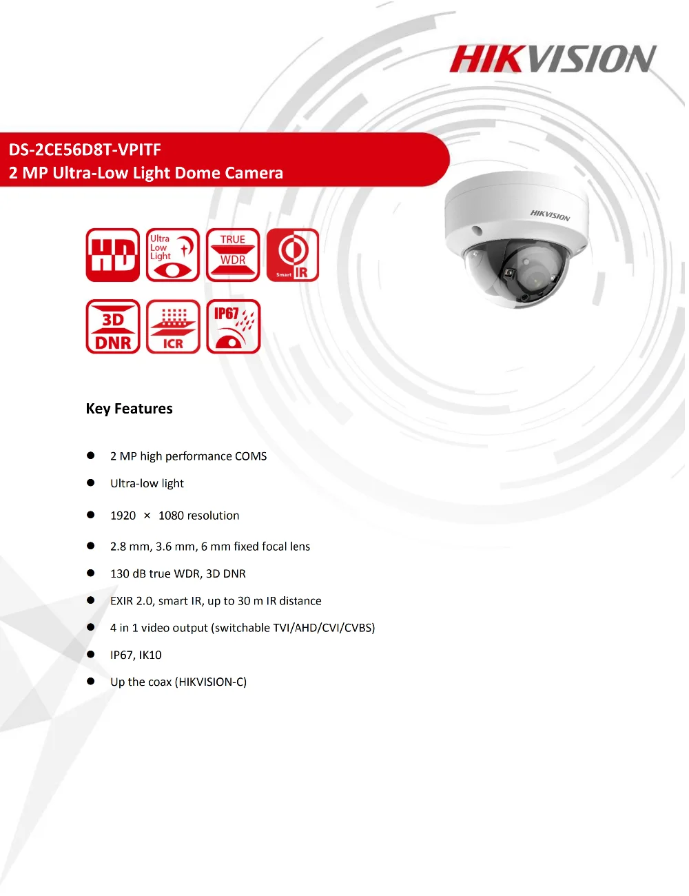 Hikvision DS-2CE56D8T-VPITF 2MP ультра-низкий светильник купольная камера видеонаблюдения IP67, IK10 turbo HD камера безопасности 30m IR