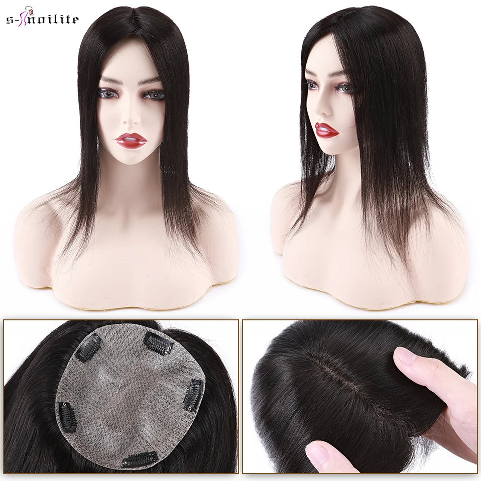 S-noilite 65g 15x16cm Hair Toppers Human Hair PU Silk Base Hair Cilp Wig Clip In Hair Extension Hair Piece 12Inch Natutal Hair