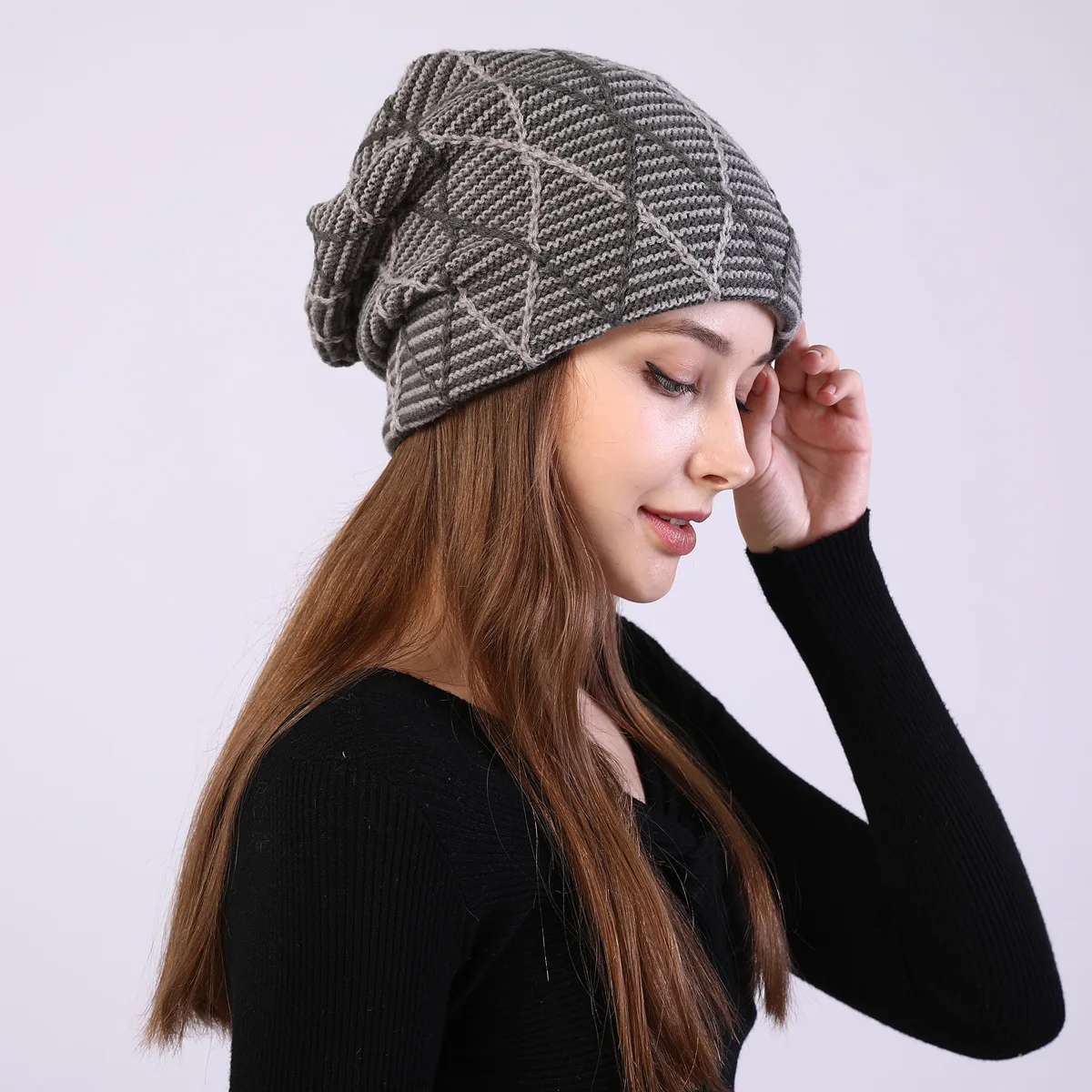 OMEA Diamond Plaid Knitted Beanie Hat for Women Beanies for Ladies Winter Skullies Hat Adjustable Pullover Plus Velvet Beanies