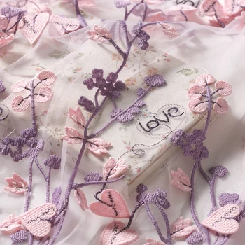 

LASUI 3 yards 2020 Good quality 3D flower love letter purple pink embroidery mesh lace fabric soft DIY Fashion clothing X0628