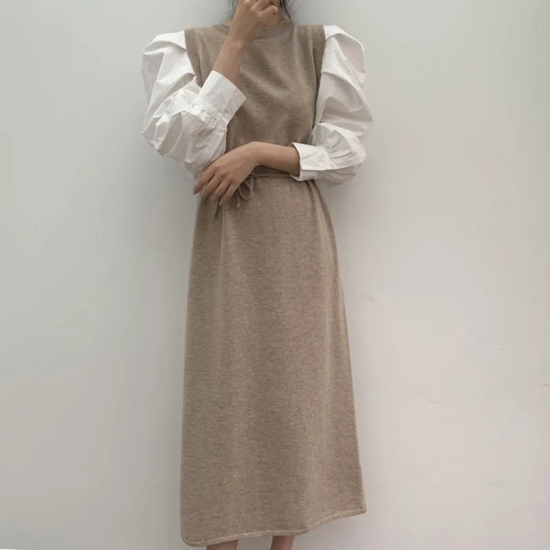 [EWQ] 2020 New Autumn Women Vintage Loose High Waist Slim Was Thin Elegant Hit Color Lantern Sleeve Maxi Dress | Женская одежда