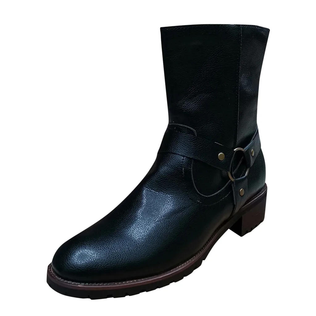 SAGACE/мужские повседневные классические Ботильоны на молнии, Плоская Круглая головка, низкий каблук, ретро мужские кожаные ботинки с пряжкой, большие размеры - Цвет: Черный