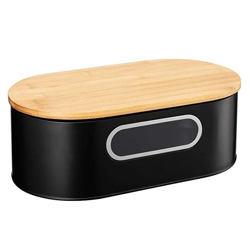 Black Bread Bin Vintage Bread Box Storage Container With Bamboo Cutting Board Kitchen Organizer