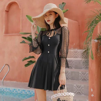 

Swimsuits Closed Girls Bathing Suit Women Swimwear 2019 Ladies Winter New With Skirt Light Mature Mesh Long Sleeve Black High