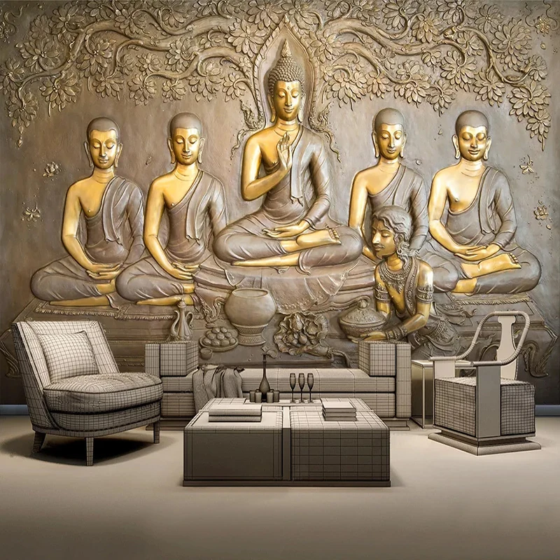 Mural 3D de pared Esculturas Budhas dorados Esculturas MURALES 3D DE PARED Religioso