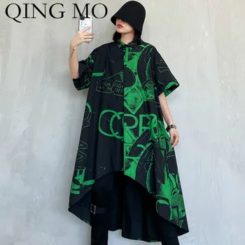 

QING MO Plus Size Women Irregular Dress 2020 Women Personality Printing Dress Female Short Sleeve A Line Dress Black ZQY3213