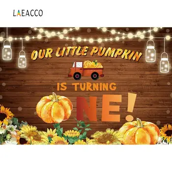 

Laeacco Baby 1st Birthday Party Backdrop Brown Wooden Board Sunflowers Pumpkin Light Girl Boy Photography Background Photocall