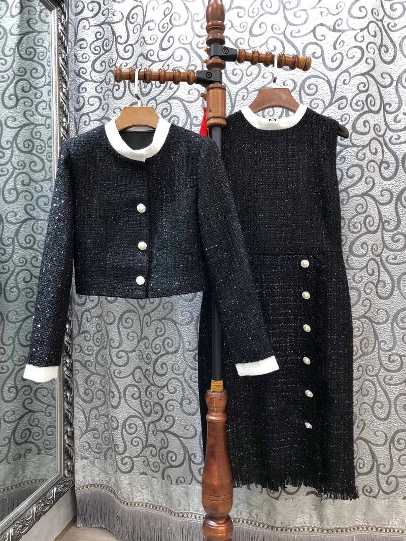 Высококачественные шерстяные костюмы с курткой осенне-зимний комплект с платьем Женские топы с бусинами и пуговицами+ шерстяные костюмы без рукавов и комплекты