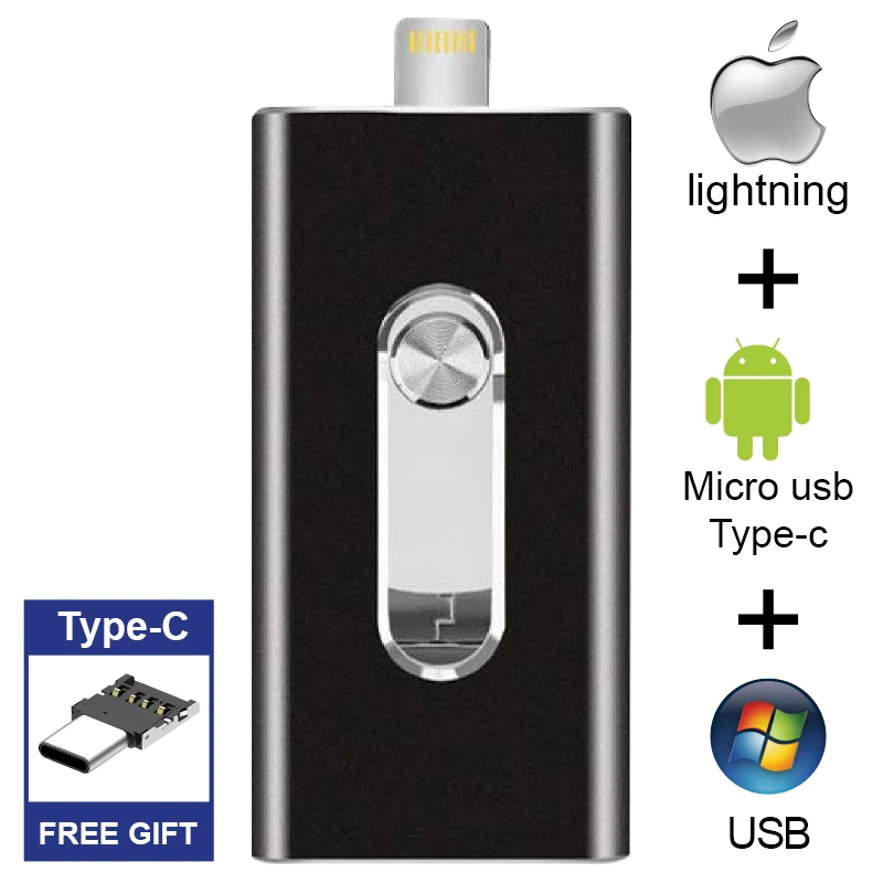 Бесплатный Тип C адаптер USB флэш-накопитель 128 Гб 64 Гб флэш-накопитель для IPhone X 8/8 Plus, 7, 7 Plus, флэшку 32 Гб оперативной памяти, 16 Гб встроенной памяти, 8 Гб металлический флеш-накопитель