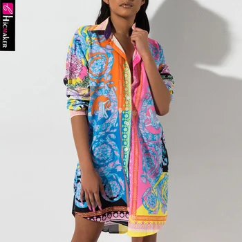 

Women Plus Size Printed Retro Style Shirt Dress Loose Style Button Down Chic Spring Fall Mini Assymetrical Hem Elegant Dress
