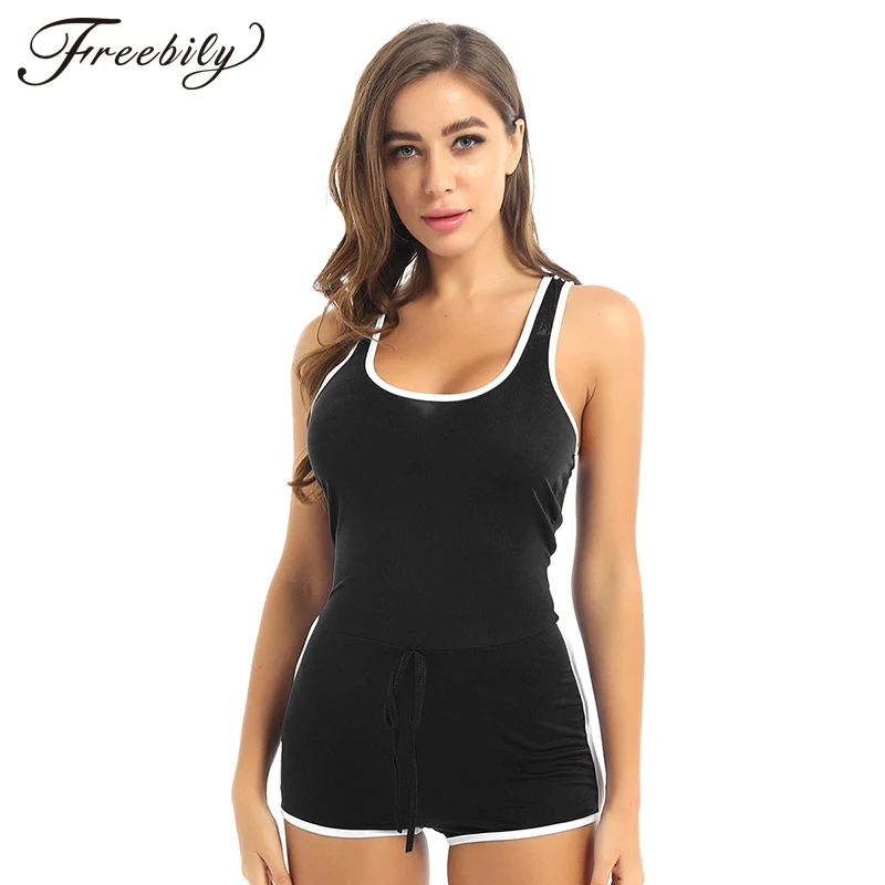 

Summer Women Deep U Neck Sleeveless Fitness Playsuit White Striped Patchwork Skinny Casual Playsuits Jogging Sportswear mujer