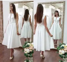 

2021 Wedding Dress Short Satin Sleeveless Knee Length Bridal Gowns Charmin V-Neck A-Line White Custom Made Lace Up Elegant For