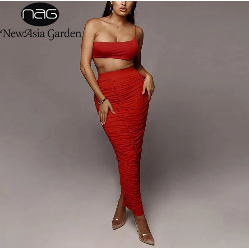 

NewAsia Summer Two Piece Set Sexy One Shoulder Crop Top Ruched Long Maxi Skirts 2 Piece Set Women Outfits Two Piece Skirt Set