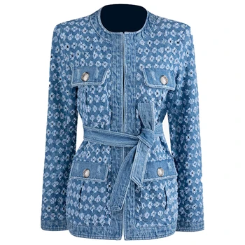 

2020 New Hole Jacket Women Long Sleeve Casual Metal Buckle Decoration Sashes Fashion Hole Blue Denim Jacket Coat Female Spring