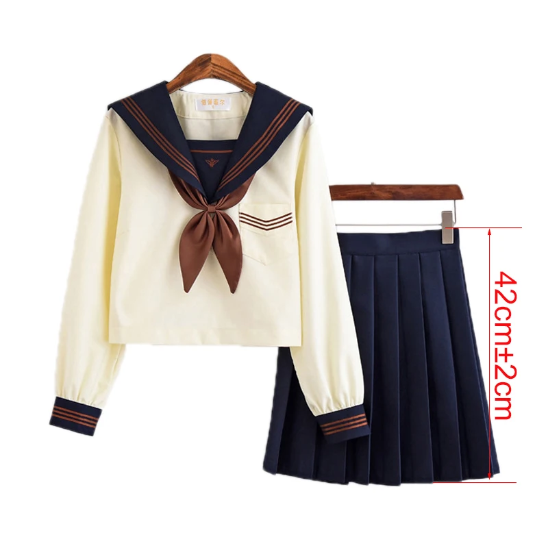 Japanese Cute Girl Sailor JK Uniform Pleated Mini Navy Skirt High School Student Summer long sleeve short |
