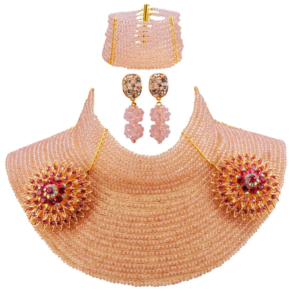 

in fashion 25 strands peach crystal bead choker necklace african wedding set nigerian beads jewelry set